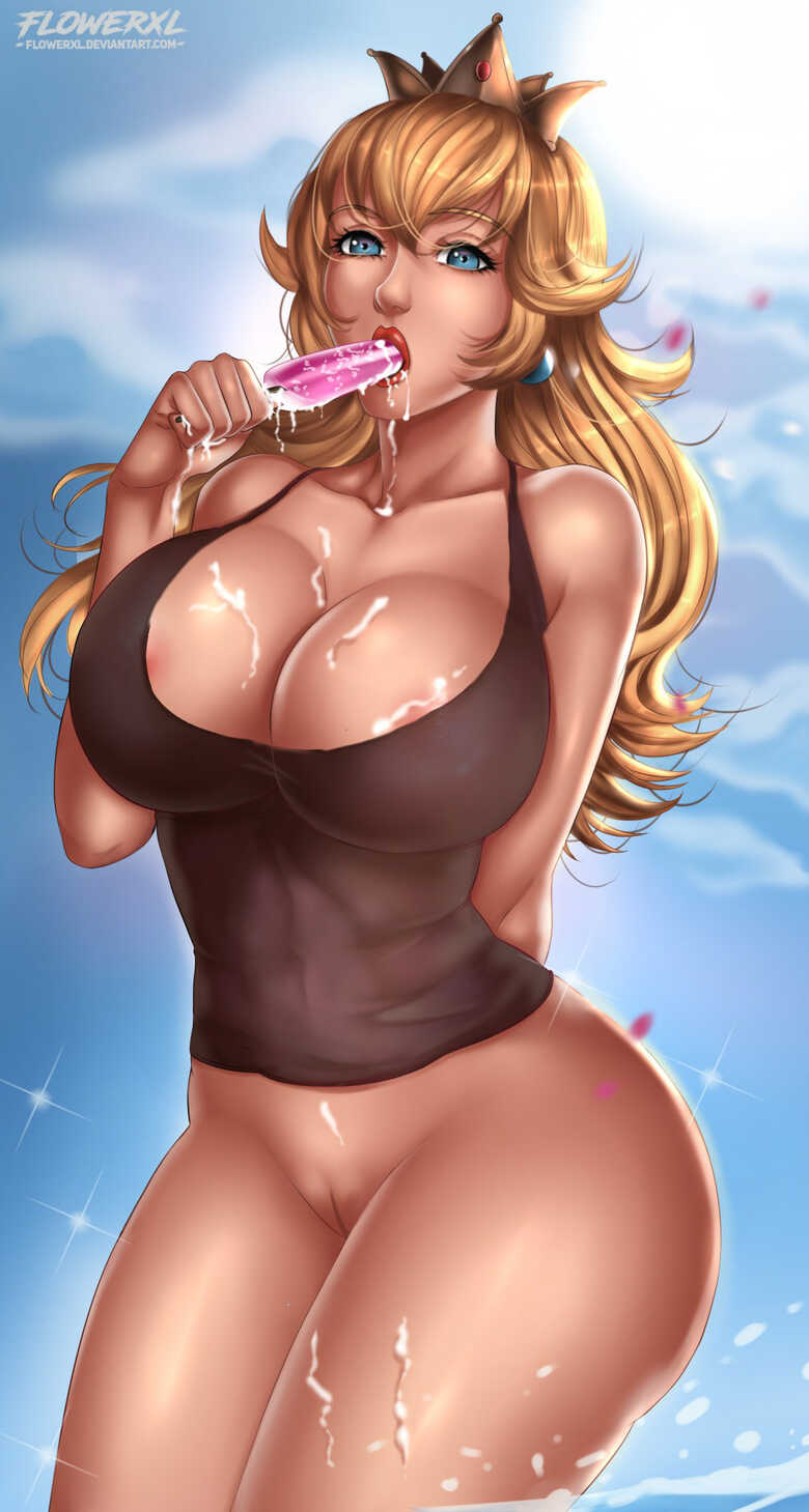 1girl alternate_costume big_breasts blonde_hair blue_eyes blue_sky breasts cleavage covering_breasts crown earrings female_only flowerxl food hips holding_food hourglass_figure huge_breasts ice ice_cream ice_cream_on_breasts jewelry legs lipstick long_hair looking_at_viewer mario_(series) nintendo nipples no_shorts oral_insertion pinup popsicle princess princess_peach pussy red_lipstick sexually_suggestive shorts standing sweets tank_top thighs very_long_hair voluptuous voluptuous_female