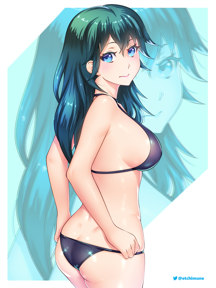 1girl 1girl 1girl alluring alternate_costume ass ass_cleavage back big_ass bikini black_bikini black_swimsuit blue_eyes blush butt_crack byleth_(fire_emblem) byleth_(fire_emblem)_(female) closed_mouth etchimune female_only fire_emblem fire_emblem:_three_houses fire_emblem_warriors:_three_hopes long_hair looking_at_viewer looking_back medium_breasts nintendo sideboob simple_background smile swimsuit teal_hair