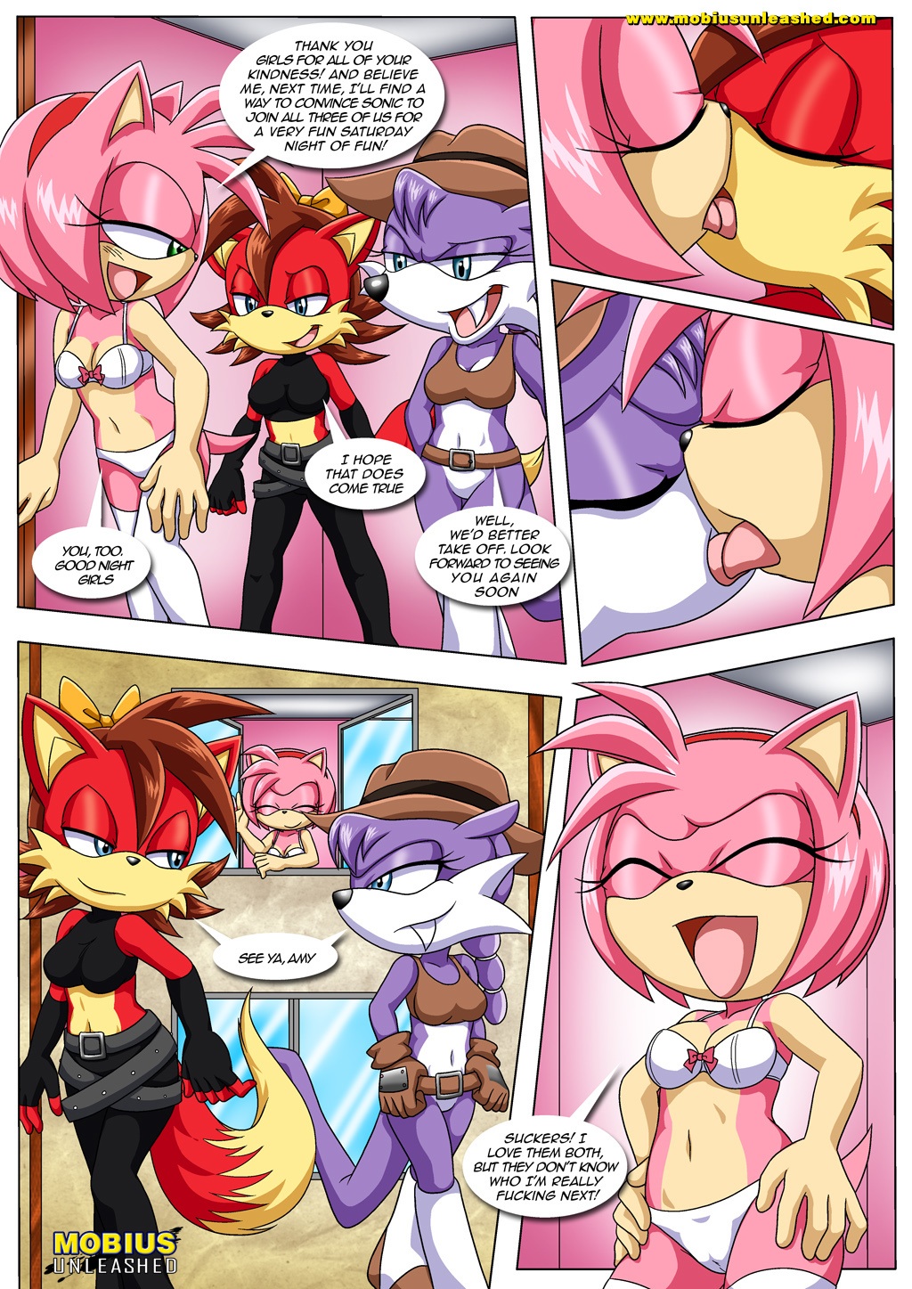amy's_secret amy_rose archie_comics bbmbbf comic fiona_fox french_kiss kissing mobius_unleashed nic_the_weasel palcomix sega sonic sonic_(series) sonic_the_hedgehog_(series) text yuri