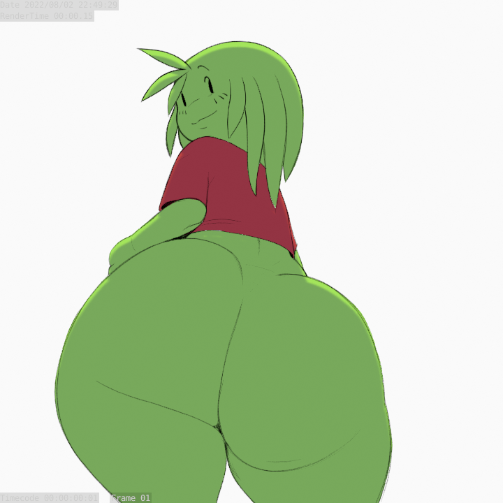 1girl 2022 artist_name ass ass ass_shake big_ass bottomless bottomless_male butt_crack butt_jiggle curvy gif green_skin high_res looking_at_viewer looking_back male_only smirk sqoon thick_thighs thighs white_background wide_hips wip
