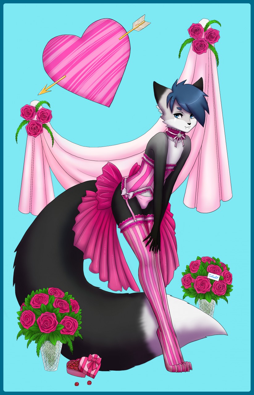 1girl 2015 anthro arrow_through_heart bare_shoulder big_tail blue_background blue_eyes blue_hair bow candy canine choker clothing cobalt_(foxwerth) corset crossdressing digitigrade facial_piercing flower food fox foxwerth frilly fur furry garter_straps girly grey_fur hair hands_on_thighs heart holidays leaning leaning_forward legwear lingerie lip_piercing looking_at_viewer male mammal multicolored_fur panties piercing plant ribbons rococo_(style) rose seductive simple_background smile snakebite_piercing standing stockings striped_legwear striped_stockings stripes tail_bow tail_ribbon underwear valentine's_day white_countershading white_fur