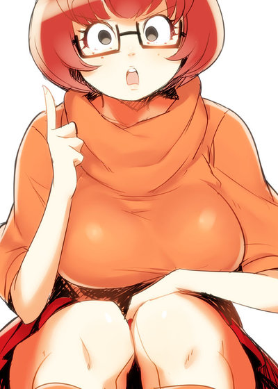 1girl arms bare_shoulders belly black_eyes breasts chest elbows eyelashes female fingernails fingers freckles glasses hair hands jumper knees looking_at_viewer mouth neck open_mouth red_hair scooby-doo short_hair shoulders skirt solo stomach sweater teeth throat tongue velma_dinkley woman