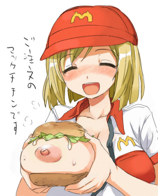 1girl areola areolae big_breasts blonde_hair blue_eyes blush bread breast_hold breast_slip breasts breasts_outside bruise cleavage closed_eyes collarbone employee_uniform erect_nipples fast_food_uniform food grin hair hamburger hands happy hat headgear injury large_areolae large_breasts lettuce mayo mayonnaise mcdonald's naughty_face naughty_grin nipples one_breast_out open_clothes open_mouth open_shirt shirt short_hair simple_background smile solo sweat teeth text translation_request unbuttoned_shirt uniform what white_background
