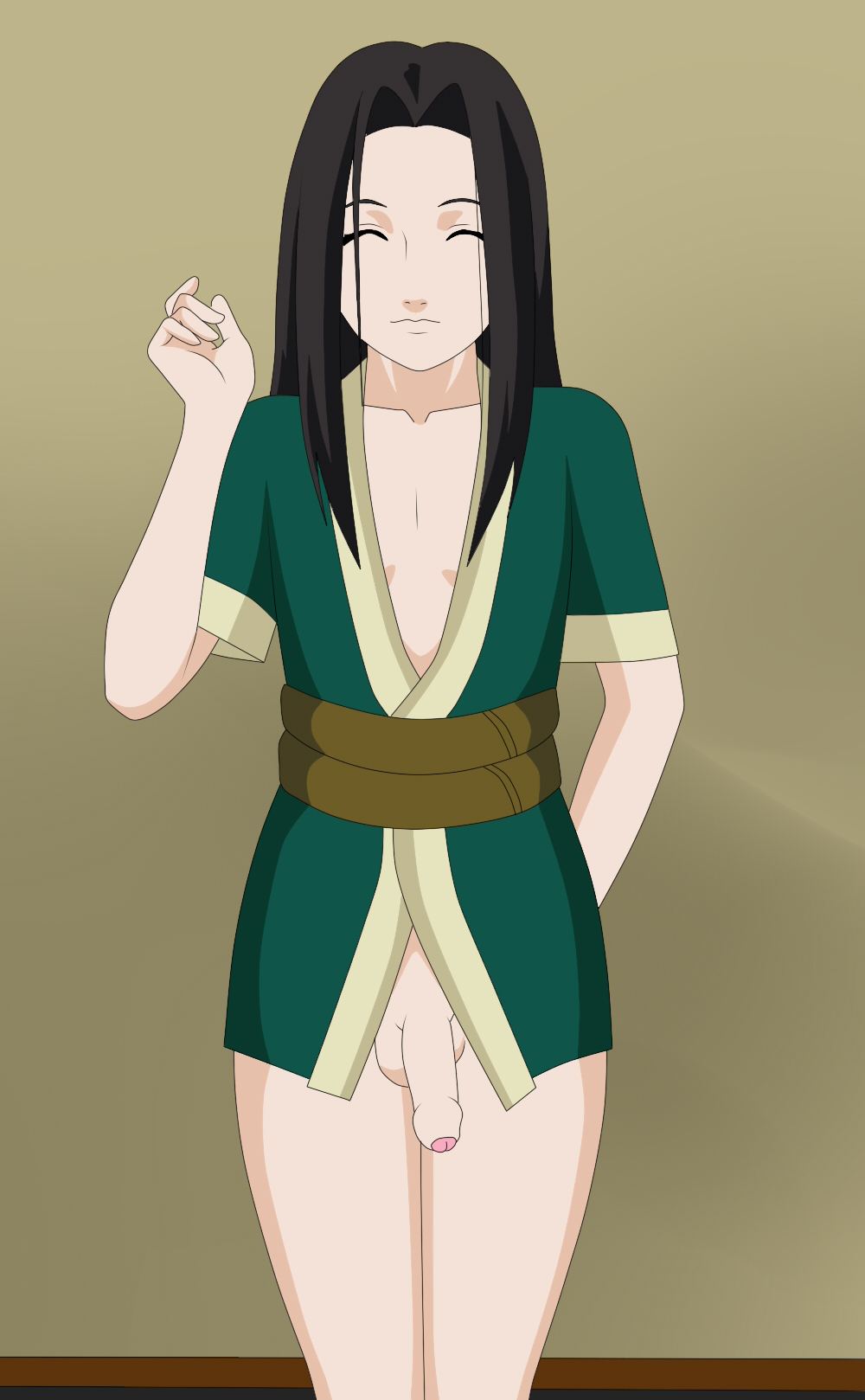 androgynous black_hair bottomless femboy girly grin haku_(naruto) open_clothes penis small_penis solo solo_male