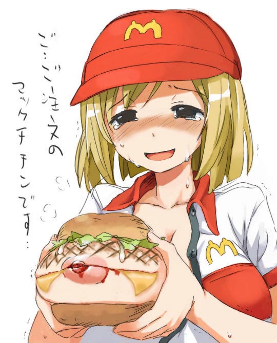 1girl areola big_breasts blonde_hair blue_eyes blush bread breast_hold breast_slip breasts breasts_outside bruise cleavage collarbone erect_nipples fast_food_uniform food grin hair hamburger hands hat headgear injury large_areolae lettuce mayo mayonnaise mcdonald's naughty_grin nervous nipples one_breast_out open_clothes open_mouth open_shirt shirt short_hair smile solo sweat teeth text translation_request unbuttoned_shirt uniform what