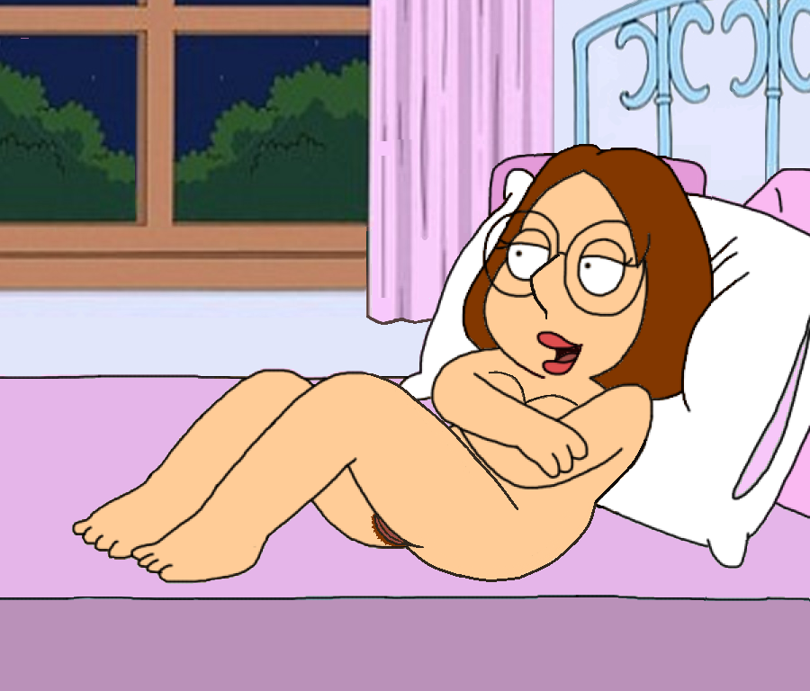 1girl bed brown_hair crossed_arms curtains family_guy glasses hair hot4meg indoors meg_griffin night nude on_bed pillow pussy sister sky solo toes
