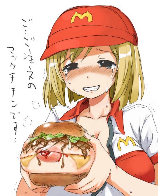 1girl areola big_breasts blonde_hair blue_eyes blush bread breast_hold breast_slip breasts breasts_outside bruise cleavage closed_eyes collarbone erect_nipples fast_food_uniform food grin hair hamburger hands hat headgear injury large_areolae lettuce mayo mayonnaise mcdonald's naughty_grin nervous nipples one_breast_out open_clothes open_mouth open_shirt shirt short_hair smile solo sweat teeth text translation_request unbuttoned_shirt uniform what