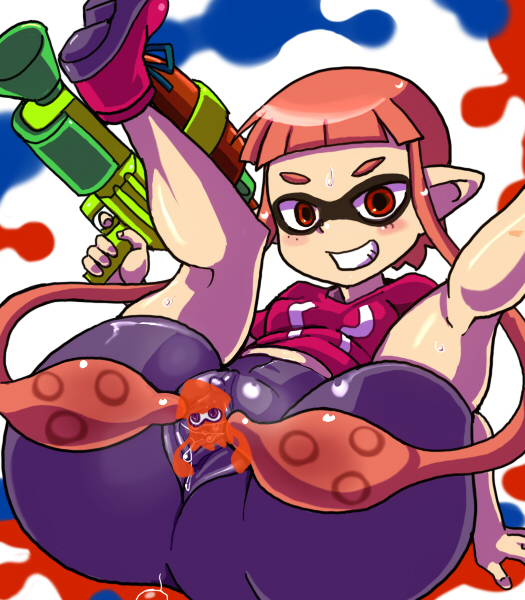 1girl censored inkling long_hair mask nintendo pointy_ears shorts splatoon squid tentacle_hair twintails