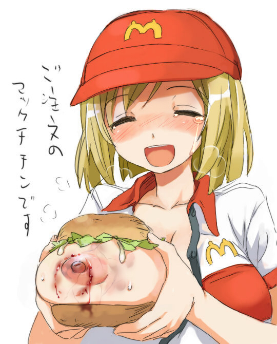 1girl areola areolae big_breasts bite_mark blonde_hair blood blue_eyes blush bread breast_grab breast_hold breast_slip breasts breasts_outside bruise cleavage closed_eyes collarbone erect_nipples fast_food_uniform food fruit grabbing grin hair hair_bun hamburger hands happy hat headgear large_areolae large_breasts lettuce mayonnaise naughty_grin nipples one_breast_out open_clothes open_mouth open_shirt orange_hair photoshop screencap shirt short_hair smile solo stream sweat tears teeth text translation_request unbuttoned_shirt uniform what