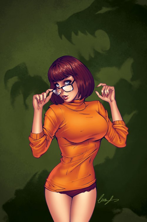1girl ass belly big_breasts blue_eyes breasts brown_hair chest dinosaur eyelashes fangs female fingernails glasses jumper lipstick looking_at_viewer nail_polish panties panty_shot scooby-doo shadow sharp_teeth short_hair solo sweater velma_dinkley woman