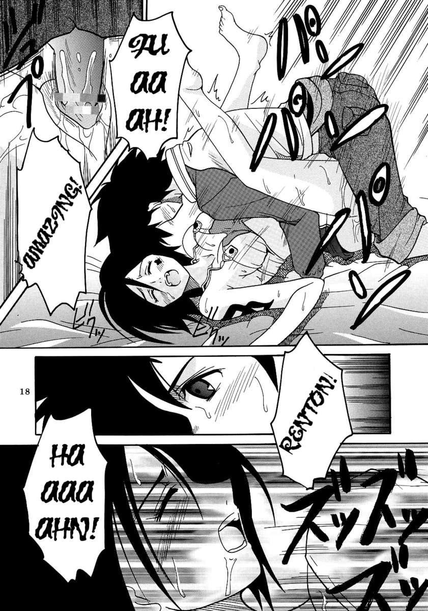 1_female 1_female_human 1_male 1_male_human 1boy 1girl 2_human all_fours ass bed black_hair breasts censored comic duo english_text eureka_seven female_human hair human legs_up lying male_human mini_skirt monochrome no_panties open_mouth penis_in_pussy pubic_hair pussy renton sex speech_bubble spread_legs talho talho_yuuki text ura_ray_out