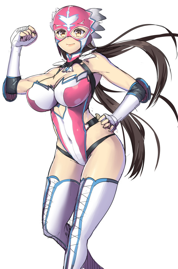 1girl alluring big_breasts boots breasts brown_hair cleavage covered_navel elbow_pads erect_nipples fingerless_gloves gloves hand_on_hip jaycee julia_chang leotard long_hair luchadora mask nagase_haruhito namco stockings tekken tekken_2 tekken_3 tekken_4 tekken_5_dark_resurrection tekken_tag_tournament_2 thigh_high_boots white_leotard wrestling_mask wrestling_outfit xwf