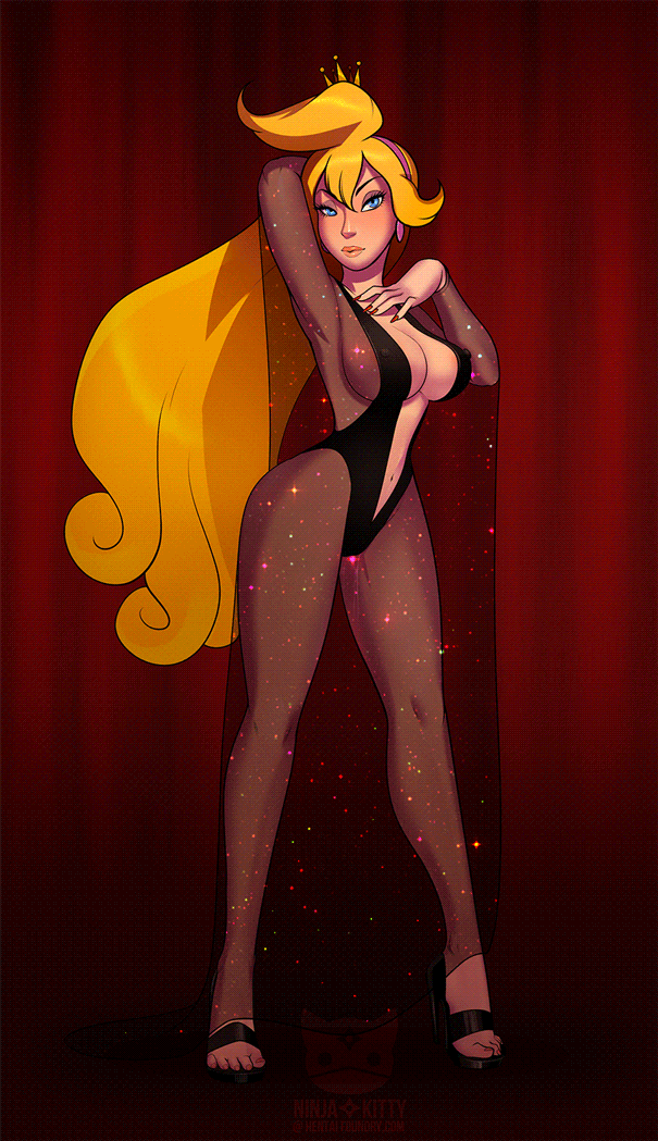 1girl black_high_heels blonde blonde_hair blue_eyes clothed dragon's_lair dress female female_only gif high_heels long_blonde_hair long_hair looking_at_viewer ninjakitty non-nude princess_daphne see-through solo solo_female sparkle sparkles standing