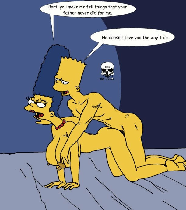 all_fours ass bart_simpson bed big_breasts blue_hair breasts doggy_position hair incest marge_simpson nude pearls the_fear the_simpsons yellow_skin