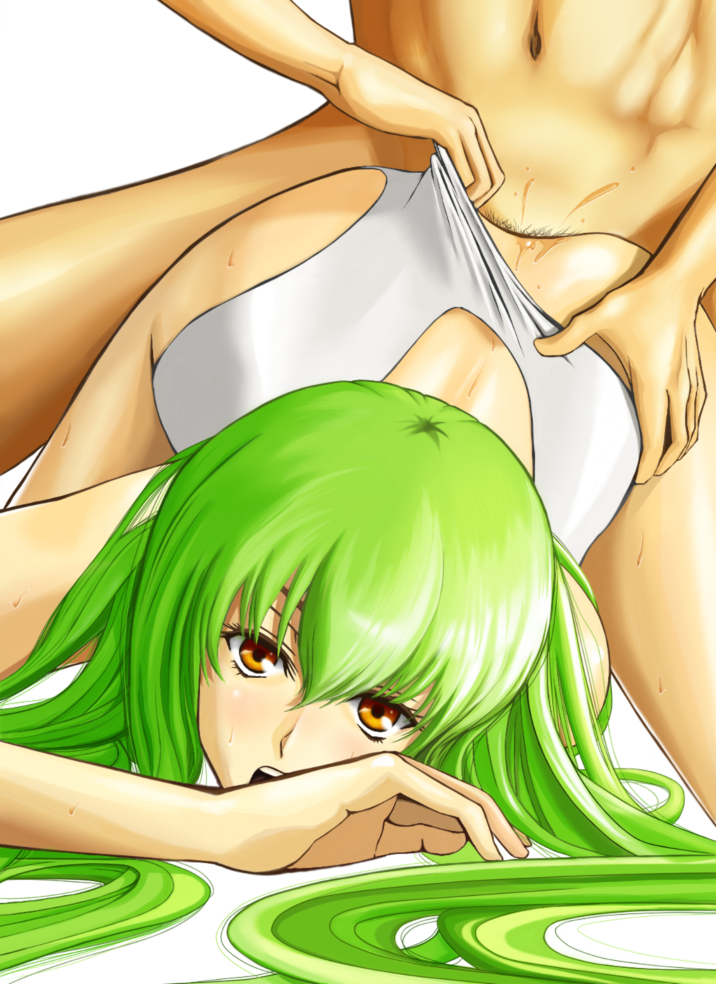 1girl blush c.c. clothed_female_nude_male code_geass doggystyle from_behind green_hair highres hyper_heiki leotard leotard_aside long_hair open_mouth pubic_hair rape scream screaming sex solo_focus taono_kinoko top-down_bottom-up vaginal yellow_eyes