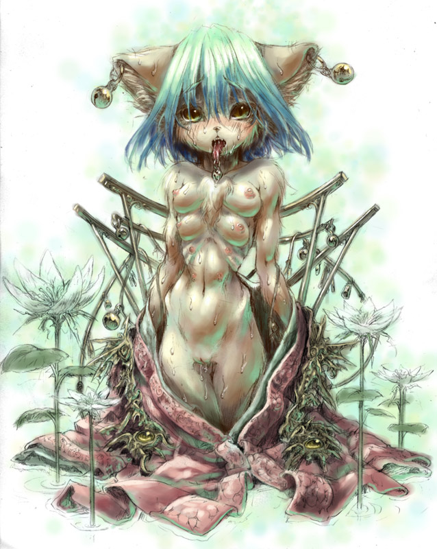 1girl aqua_hair bell blush breasts cat_eyes daena danae earrings extra_breasts fangs flower furry green_eyes jewelry katzeh legend_of_mana looking_at_viewer multi_breast multiple_breasts navel nipples open_mouth pussy ribs saliva skinny slit_pupils solo uncensored water wet
