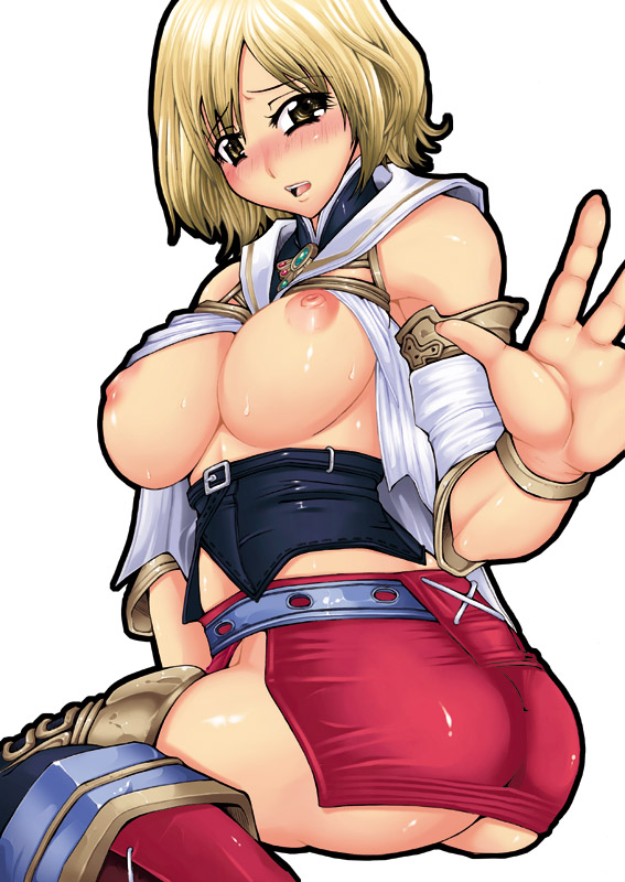 1girl ashelia_b'nargin_dalmasca ass bare_shoulders big_breasts blonde_hair blush bracelet breasts detached_sleeves erect_nipples female female_only final_fantasy final_fantasy_xii flapper_shirt jewelry miniskirt nipples red-rum shirt short_hair simple_background skirt solo white_background yellow_eyes