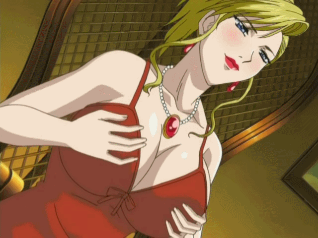 blush breast_grab breast_rub breasts cleavage earrings gif hentai milf_mansion necklace yakata_jukujo