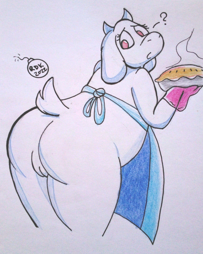 1girl ? anthro anthro_only apron apron_only ass big_ass female_only goat looking_back looking_behind milf naked_apron nude pie pussy question_mark rdk red_eyes reddragonkan solo_female tail tail_tuft toriel undertale undertale_(series)