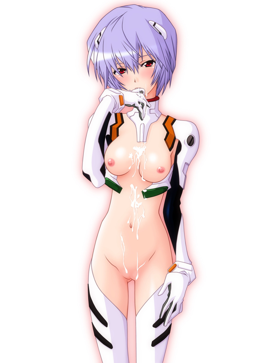 1_girl 1girl a10_nerve_clips breasts count_zero cum cum_on_breasts cum_on_face cum_on_stomach female female_only mostly_nude neon_genesis_evangelion red_eyes rei_ayanami short_hair solo standing tagme thigh_gap
