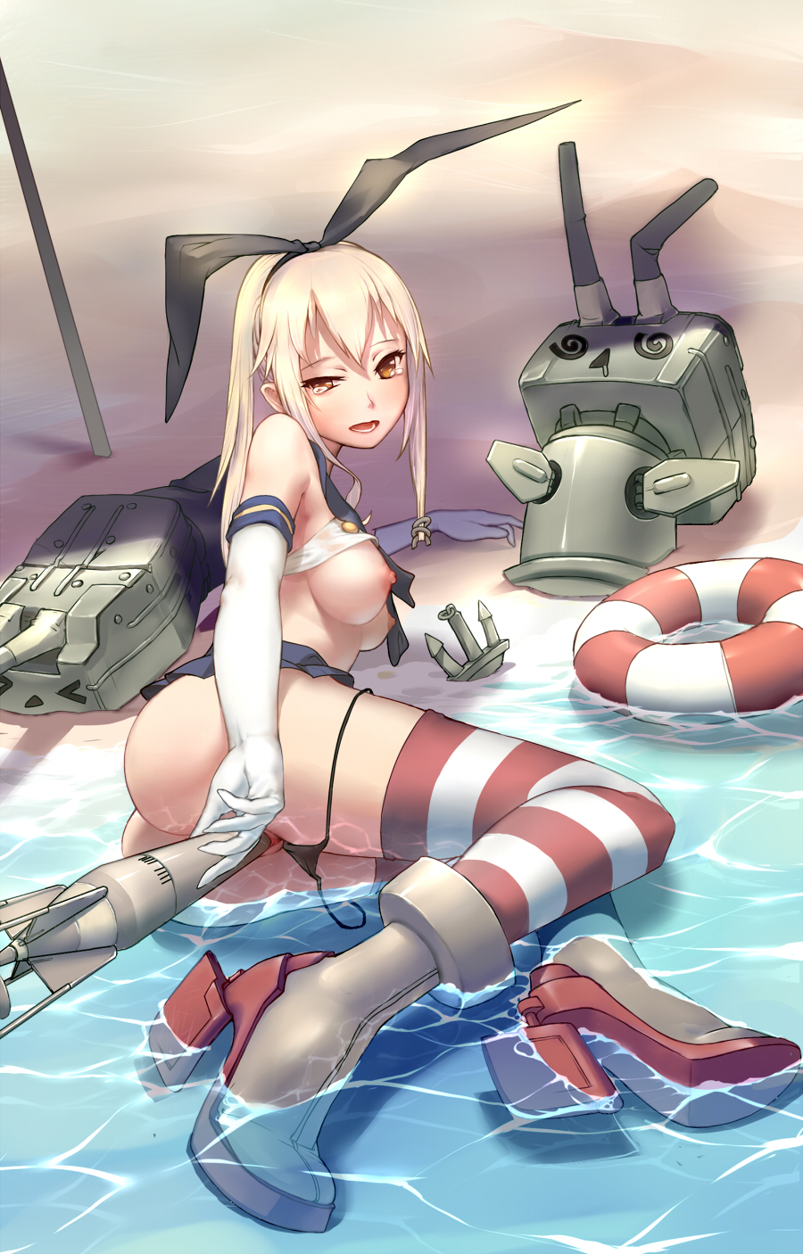 &gt;_&lt; 1girl @_@ anchor beach black_panties blonde_hair breasts brown_eyes closed_eyes elbow_gloves ex_azusa female gloves hair hairband highres kantai_collection long_hair looking_at_viewer nipples object_insertion open_mouth panties personification pussy rensouhou-chan shimakaze_(kantai_collection) stockings striped striped_legwear tears thighhighs torpedo uncensored underwear vaginal vaginal_insertion vaginal_object_insertion vaginal_penetration water white_gloves