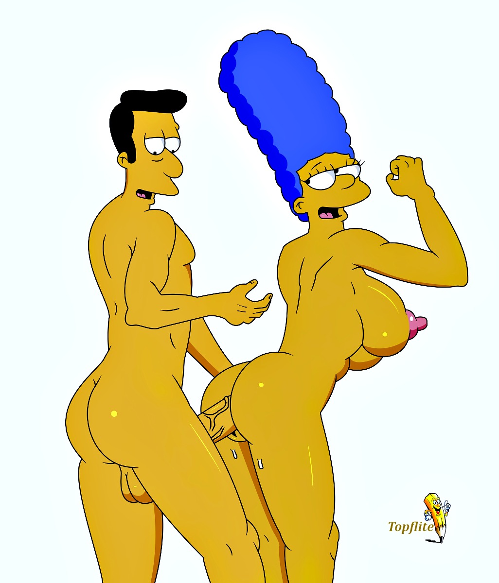 blue_hair from_behind marge_simpson nude sex sideboob the_simpsons timothy_lovejoy topflite yellow_skin