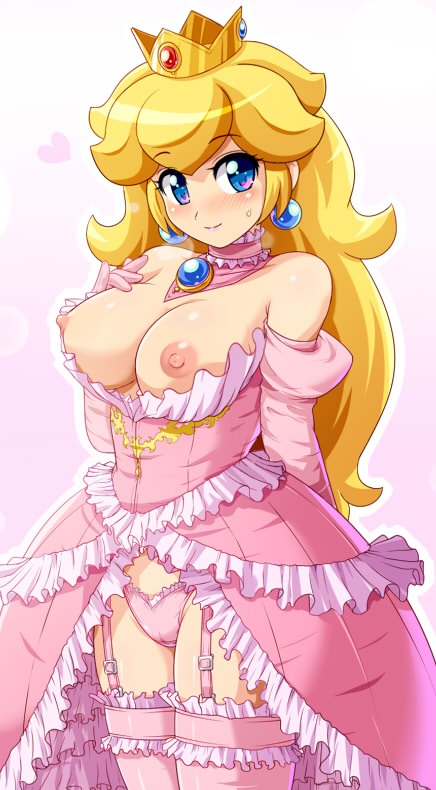 1_girl 1girl blonde blonde_hair blue_eyes blush blushing breasts crown earrings female female_only garter_straps jewelry long_hair looking_at_viewer mario_(series) mario_bros nipples open_clothes panties partially_clothed princess_peach revealing_clothes royalty sexy sexy_clothes solo standing super_mario_bros. thighhighs