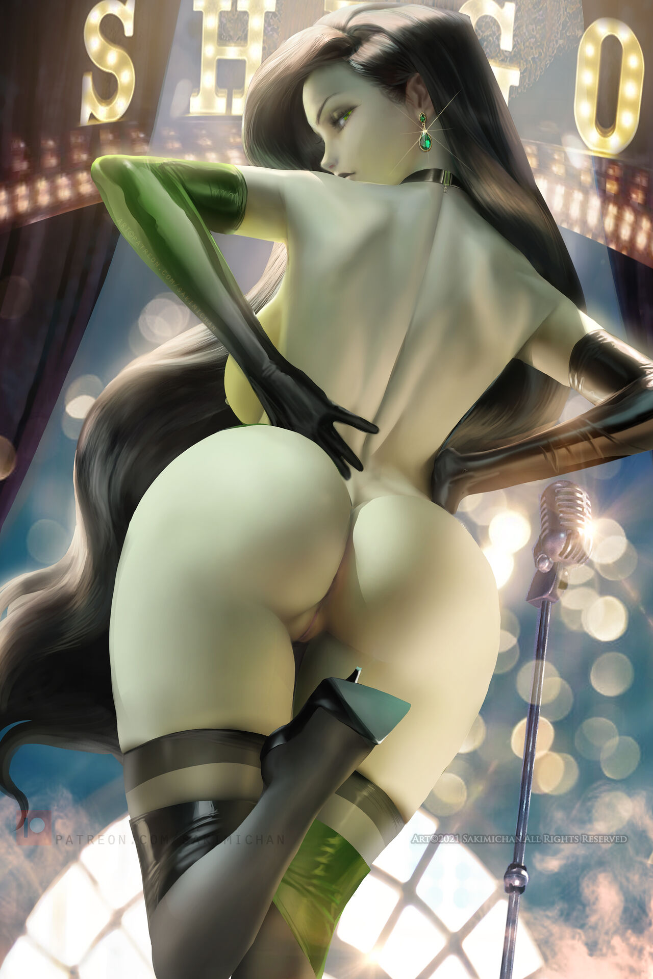 1girl areolae ass back_view big_ass big_breasts black_hair breasts earrings elbow_gloves female female_only green_eyes high_heels highres kim_possible long_hair looking_at_viewer looking_back nipples pussy rear_view sakimichan shego solo_female solo_focus stockings