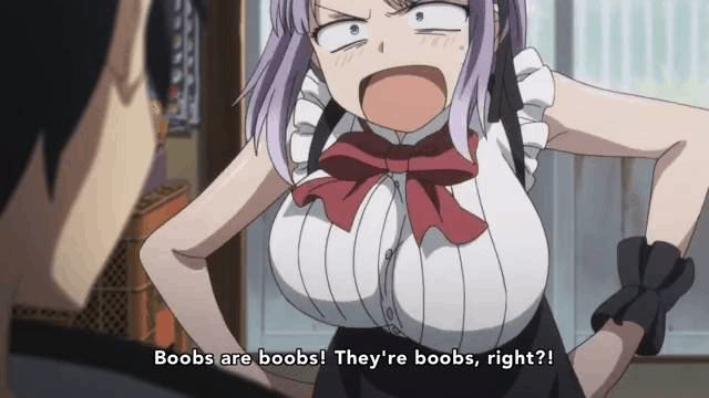 1boy 1girl anime blush bouncing_breasts dagashi_kashi embarrassed gif huge_breasts mad shidare_hotaru