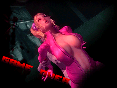 1boy 1girl 3d animated animated_gif arm_grab blonde_hair bouncing_breasts breasts catsuit english_text female game_over gif hair hetero juliet_starling lollipop_chainsaw long_hair male night open_catsuit open_clothes open_mouth outside pigtails pink_catsuit pink_suit sex text