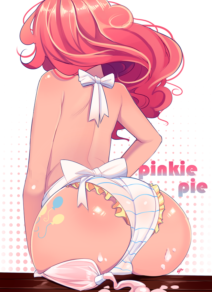 1_girl apron arms ass back back_view bare_shoulders bubble_butt butt_crack cameltoe character_name cutie_mark elbows female friendship_is_magic frosting girl highres huge_ass human humanized large_ass long_hair loyproject my_little_pony neck panties pink_hair pinkie_pie pinkie_pie_(mlp) pov_ass shoulders solo striped striped_panties tattoo underwear wavy_hair white_background