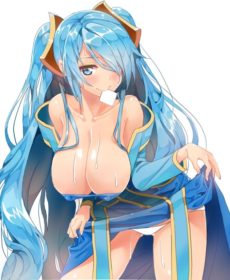 1girl big_breasts blue_eyes blue_hair blush breasts cleavage collarbone condom condom_in_mouth hair_ornament hanging_breasts large_breasts league_of_legends looking_at_viewer mouth_hold mx2j_(nsh6394) panties skirt skirt_lift solo sona sona_buvelle twintails underwear upskirt work_in_progress