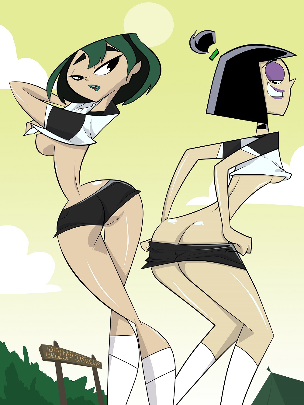 2_girls ass ass_crack black_eyes black_hair breasts campe cartoon_network crossover danny_phantom dyed_hair female_only goth green_hair gwen_(tdi) hair hourglass_figure lipstick looking_back mikesouthmoor multicolored_hair multiple_girls pale-skinned_female ponytail samantha_manson shiny shiny_skin short_hair shorts smile thick_ass thick_legs thick_thighs total_drama_island two_tone_hair undressing wasp_waist woods