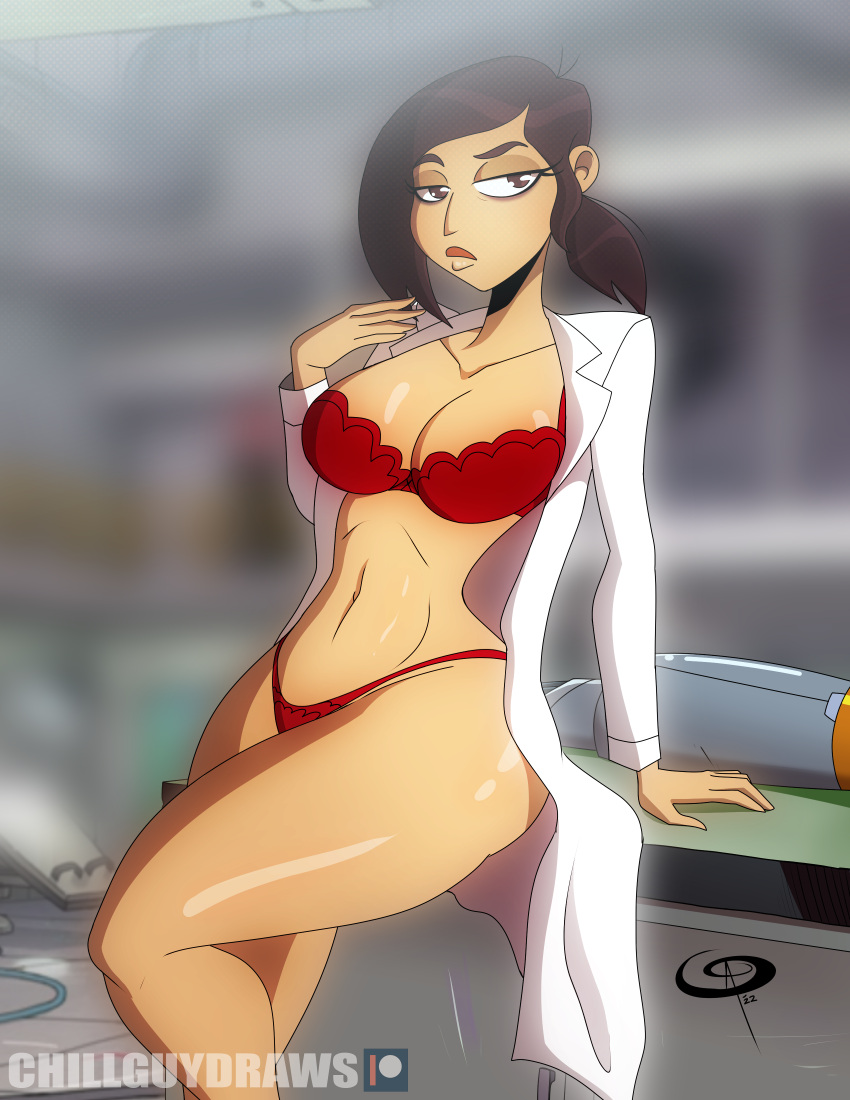 1girl bra breasts brown_hair cleavage female_only frostbiteboi inside_job lab_coat netflix panties ponytail reagan_ridley red_panties scientist sexy short_hair solo solo_female