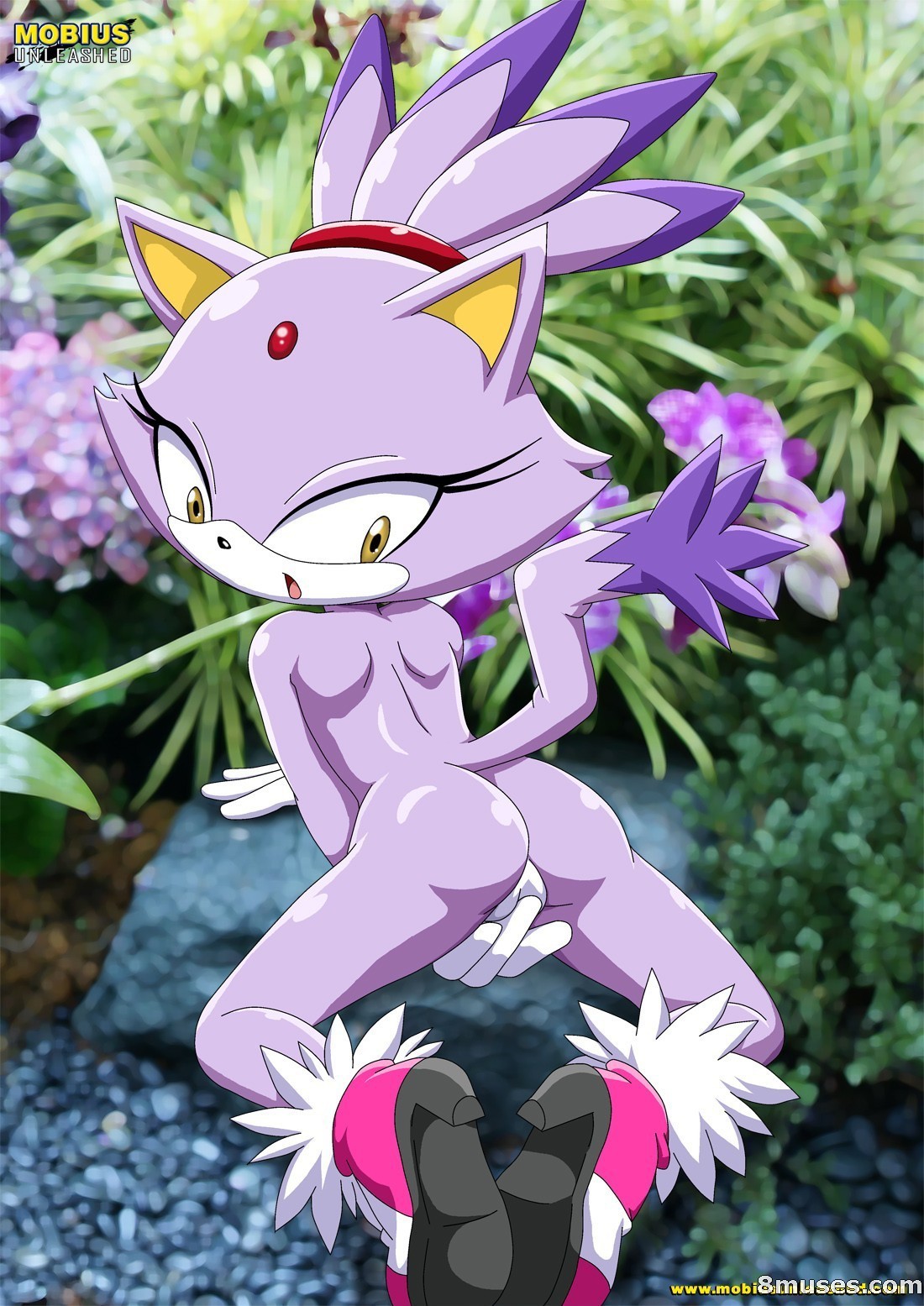 1_female 1girl anthro ass bbmbbf blaze_the_cat feline female female_anthro female_only fingering flower gloves kneeling looking_back masturbation mobius_unleashed nude outside palcomix pussy sega shoes solo sonic_(series) sonic_team sonic_the_hedgehog_(series) tail