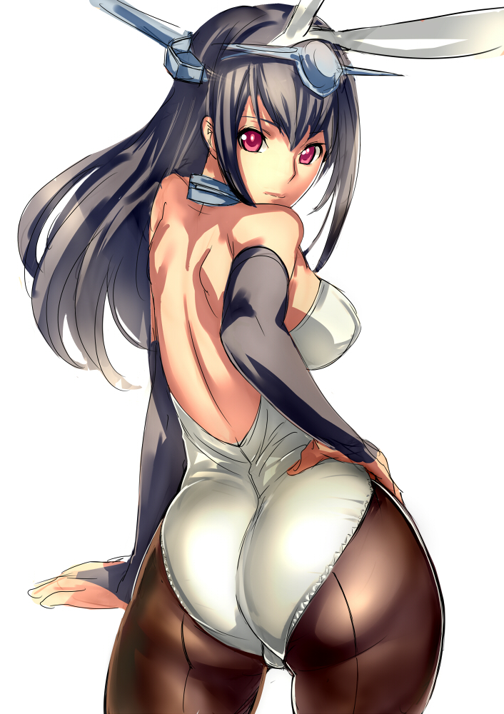 1girl animal_ears ass back back-seamed_legwear bare_back bare_shoulders black_hair bunny_ears bunnysuit contrapposto cowboy_shot dodai_shouji from_behind hand_on_hip headgear kantai_collection leotard long_hair looking_back nagato_(kantai_collection) outfit pantyhose personification red_eyes seamed_legwear simple_background solo white_background