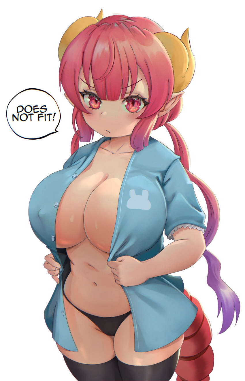 1girl 2021 artlesott black_panties black_thighhighs blue_shirt blush breasts cleavage dragon_girl dragon_horns dragon_tail english_text erect_nipples erect_nipples_under_clothes female_focus female_only frustrated high_res huge_breasts ilulu_(dragon_maid) inner_boob lesottart long_hair looking_forward miss_kobayashi's_dragon_maid nipples open_shirt panties pointy_ears purple_hair red_eyes red_hair shirt shortstack simple_background small_clothes speech_bubble standing stockings tail text thick_thighs thighs two_tone_hair white_background