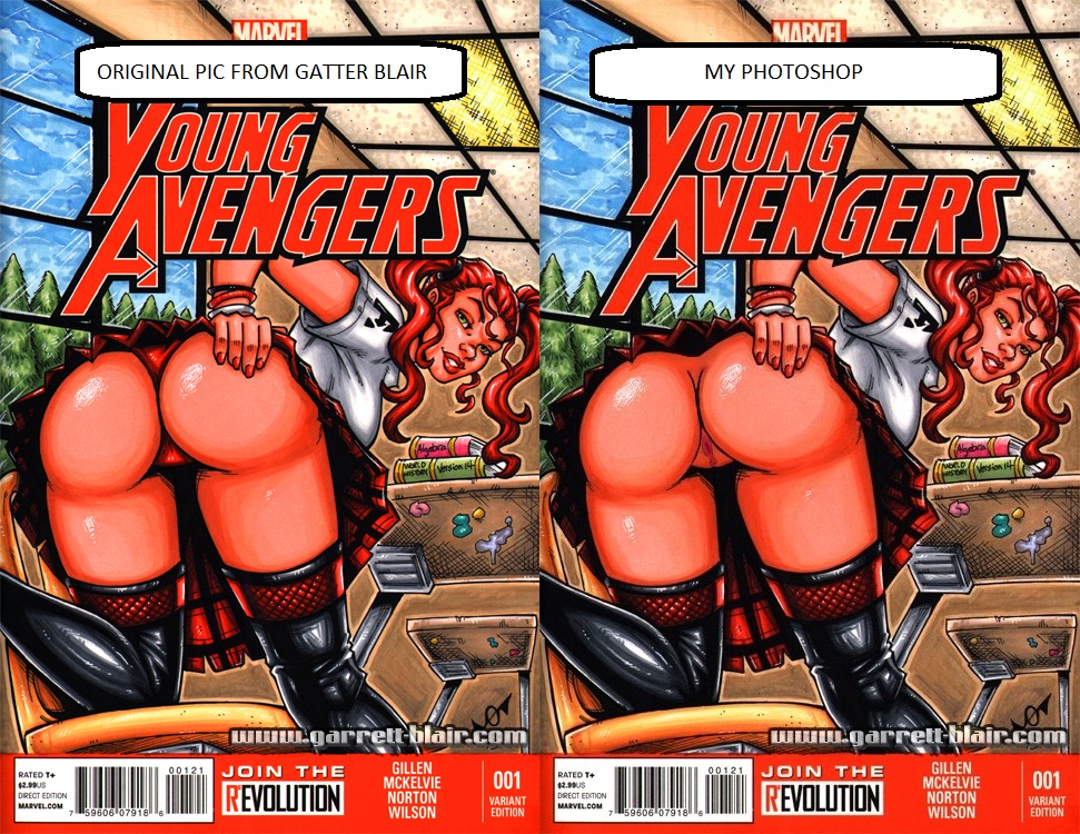 1girl avengers bent_over black_widow comic_cover female_only garrett_blair latex looking_back marvel natasha_romanoff photoshop presenting_hindquarters presenting_pussy red_hair redhead school solo_female young