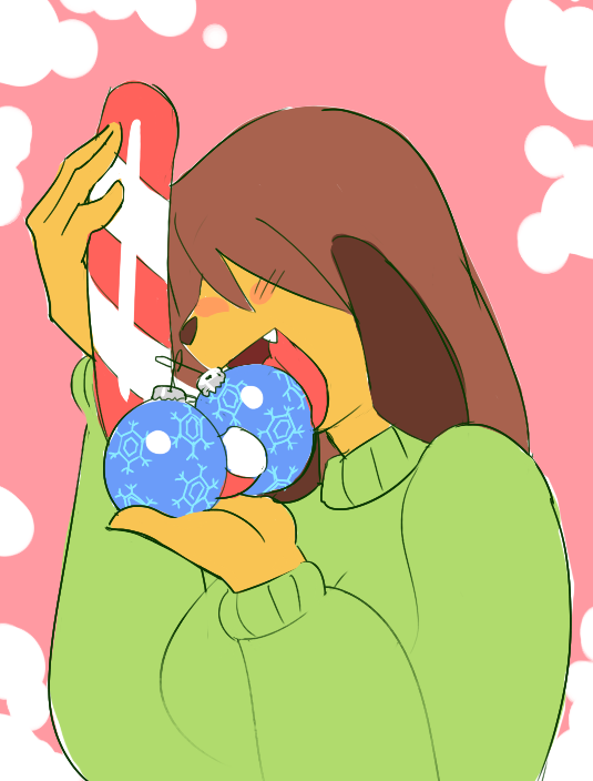 1girl animal_ears bauble big_breasts blush borrowed_character breasts brown_hair candy candy_cane christmas dog_ears furry hair_over_eyes large_breasts licking long_hair noill original phallic_symbol sam_(colo) sexually_suggestive solo sweater turtleneck