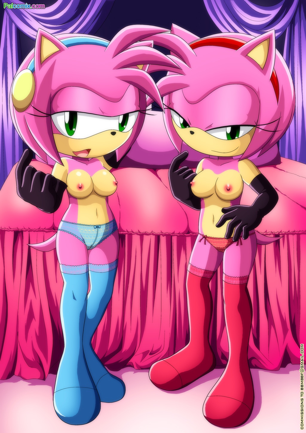 2_girls 2girls amy_rose areolae asking_for_it bbmbbf breasts cameltoe character_request elbow_gloves female female_only horny invitation lingerie looking_at_viewer mobius_unleashed naughty_face nipples no_bra palcomix panties sega smile sonic sonic_(series) sonic_the_hedgehog_(series) stockings topless twins underwear