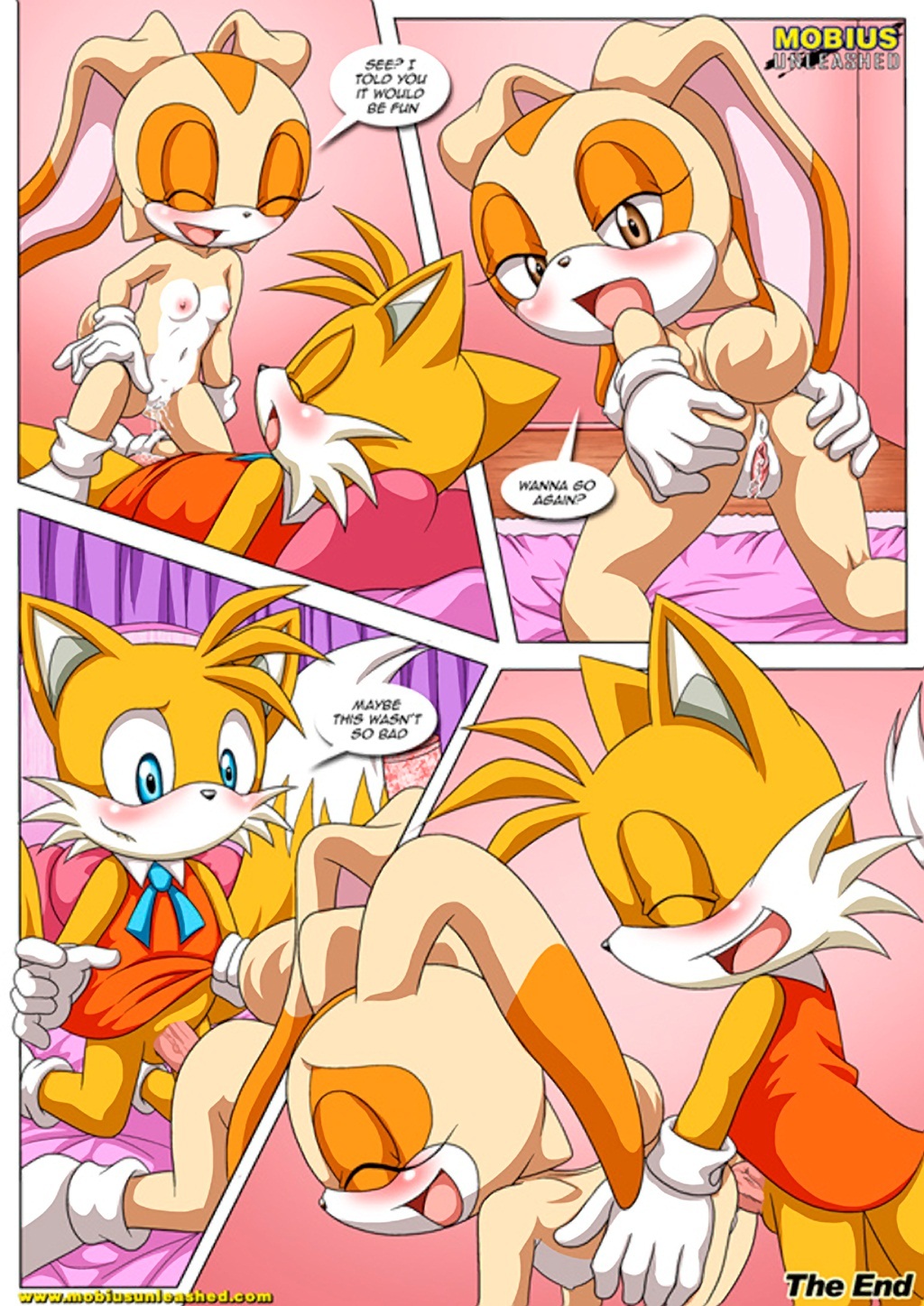 bbmbbf blush comic cream_the_rabbit crossdressing cum_drip doggy_position embarrassment furry horny looking_at_viewer miles_"tails"_prower mobius_unleashed palcomix panties sega sex sonic sonic_(series) sonic_the_hedgehog_(series) spread_legs tails_n'_cream text young young_love young_sex
