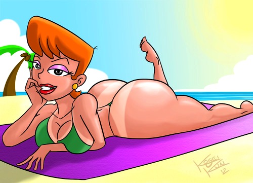 ass barefoot beach bikini bottomless breasts cleavage dexter's_laboratory dexter's_mom earrings female huge_ass lipstick looking_at_viewer makeup milf on_stomach red_hair red_lipstick redhead smile tan_line thong towel wedgie wide_hips