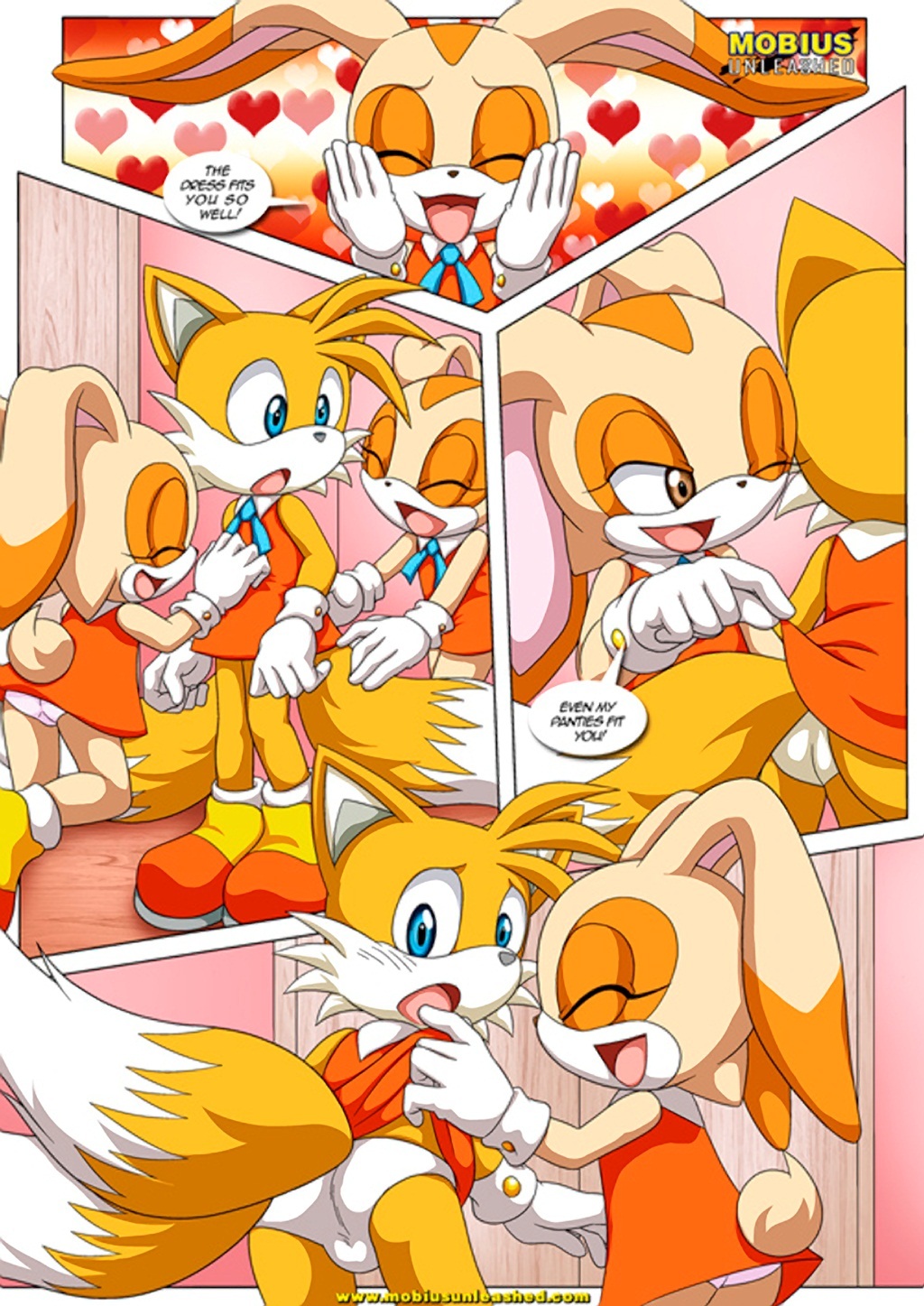 bbmbbf blush comic cream_the_rabbit crossdressing embarrassment excited horny looking_at_viewer miles_"tails"_prower mobius_unleashed palcomix panties sega sonic sonic_(series) sonic_the_hedgehog_(series) tails_n'_cream text