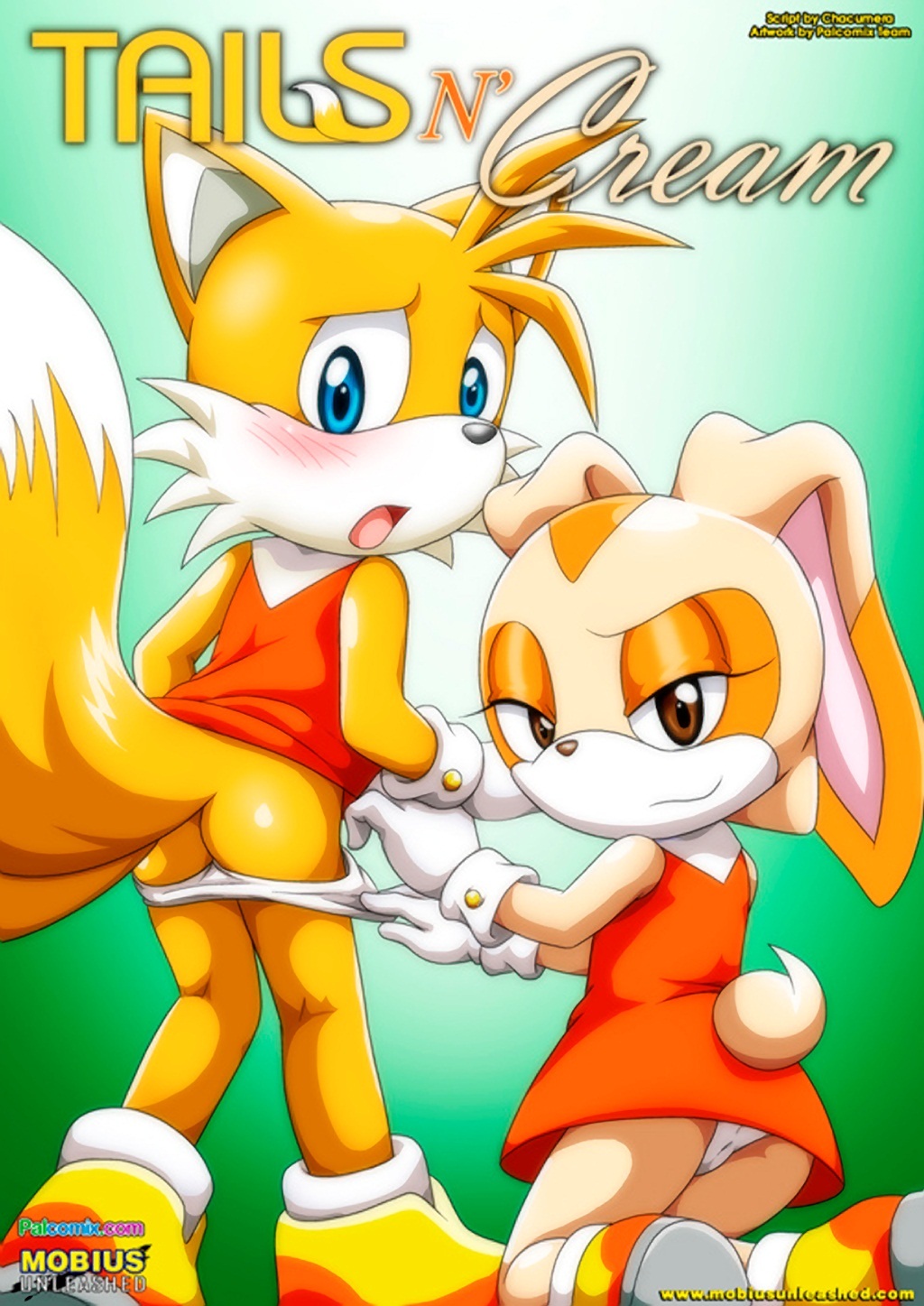 bbmbbf blue_eyes blush comic cover_page cream_the_rabbit crossdressing furry horny looking_at_viewer miles_"tails"_prower mobius_unleashed multiple_tails open_mouth palcomix panties rape_face sega sonic sonic_(series) sonic_the_hedgehog_(series) tail tails_n'_cream text
