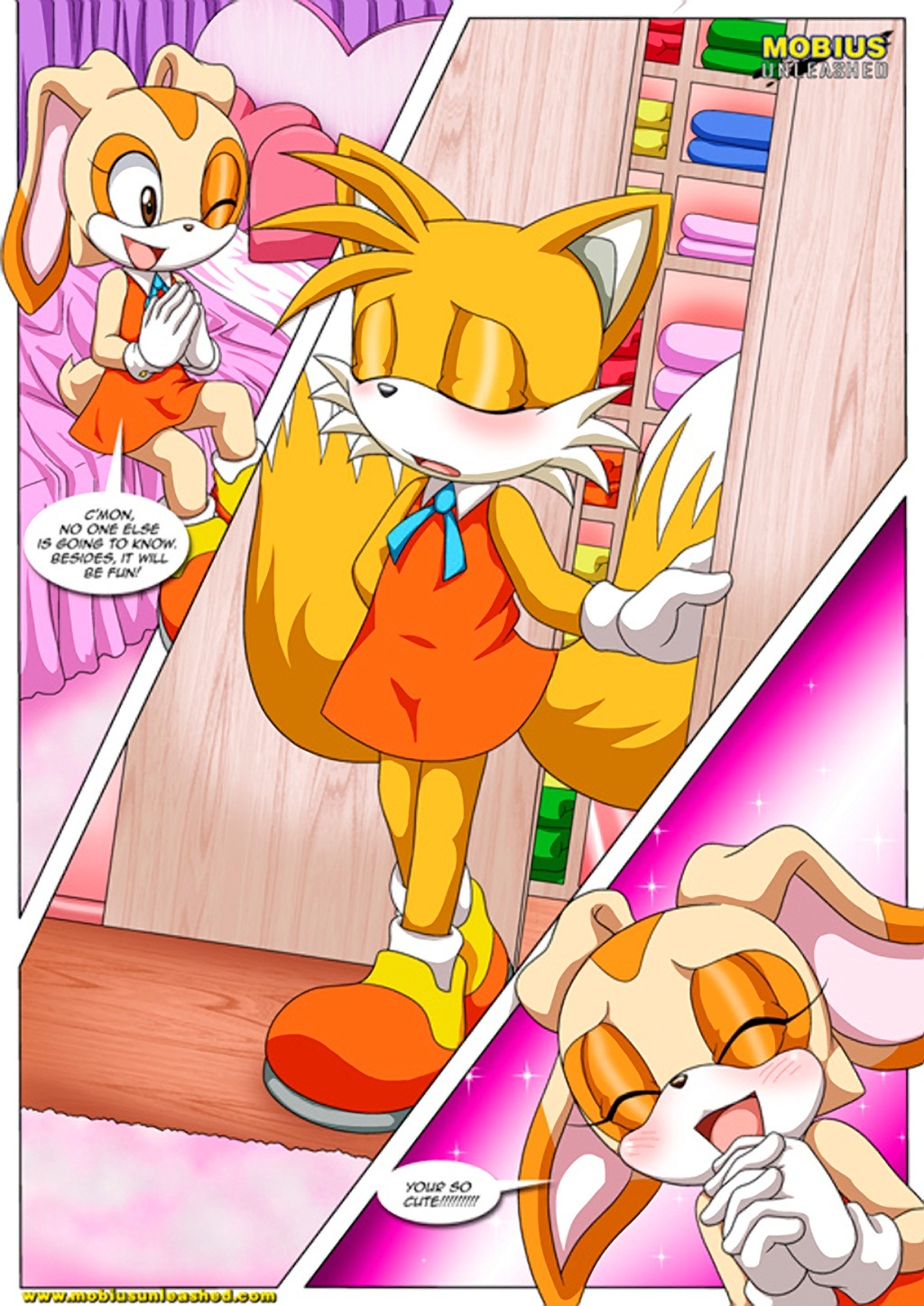 bbmbbf blush comic cream_the_rabbit crossdressing embarrassment excited furry horny looking_at_viewer miles_"tails"_prower mobius_unleashed open_mouth palcomix panties sega sonic sonic_(series) sonic_the_hedgehog_(series) speech_bubble tagme tail tails_n'_cream text