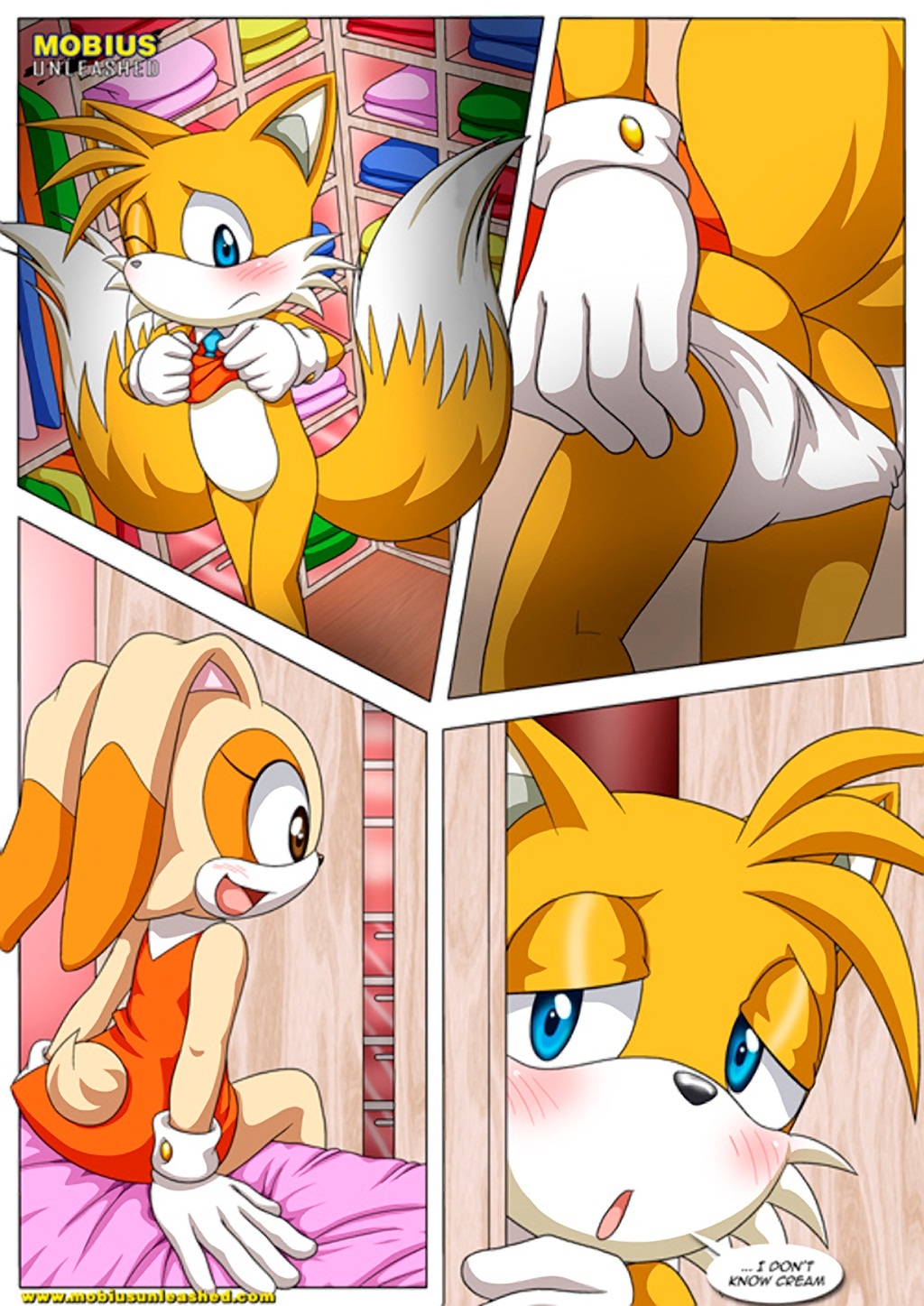 bbmbbf blush comic cream_the_rabbit crossdressing embarrassment furry horny looking_at_viewer miles_"tails"_prower mobius_unleashed multiple_tails palcomix panties sega sonic sonic_(series) sonic_the_hedgehog_(series) speech_bubble tagme tail tails_n'_cream text