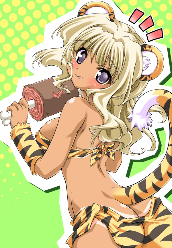 1_girl 1girl animal_ears arm art ass back bare_back bare_shoulders big_breasts blonde blonde_hair blush boned_meat breasts butt_crack dark_skin erect_nipples female food head_tilt hiroli_yasui holding large_breasts long_hair looking_at_viewer looking_back meat midriff purple_eyes shiny shiny_skin smile solo strapless tail tan tan_line tiger_ears tiger_print tiger_tail tubetop