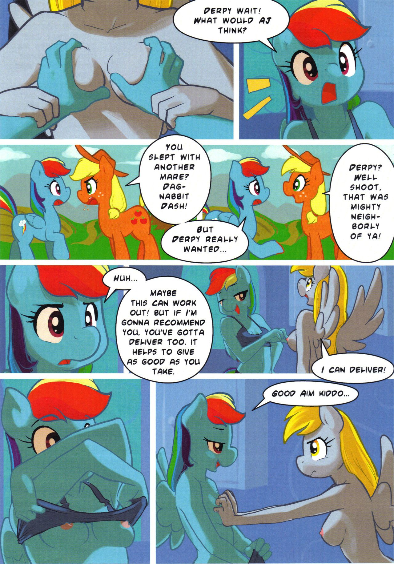 ajin anthro applejack applejack_(mlp) blonde_hair blue_body bra breasts closed_eyes clothing comic derpy_hooves derpy_hooves_(mlp) english_text equine female female_only friendship_is_magic furry grey_body hair hands_on_breasts horse interrogation mammal multicolored_hair my_little_pony open_mouth pony rainbow_dash text underwear undressing wings yuri