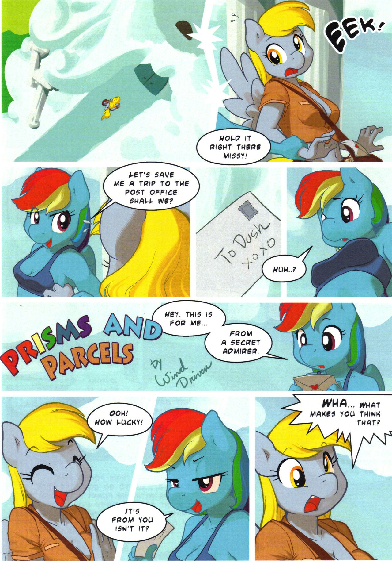 ajin anthro blonde_hair blue_body bra closed_eyes clothing comic derpy_hooves english_text equine female friendship_is_magic furry grey_body hair hoofbeat_2 horse mailbag mammal multicolored_hair my_little_pony open_mouth pony rainbow_dash text underwear