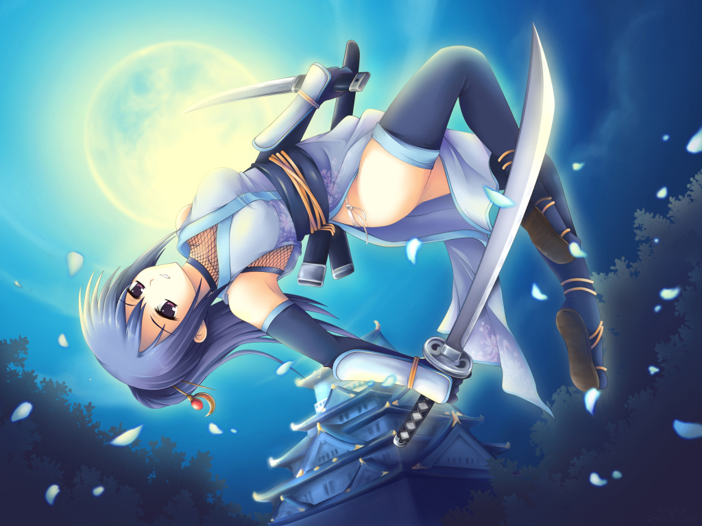1_girl 1girl arm art asakura_tsubame babe black_gloves black_thighhighs blade blue_hair castle dual_wielding elbow_gloves female fishnets full_moon gloves high_res japanese_clothes katana legs looking_at_viewer maxwindy moon neck night night_sky ninja original parted_lips ponytail purple_eyes sandals side_slit sky solo stockings sword wallpaper weapon